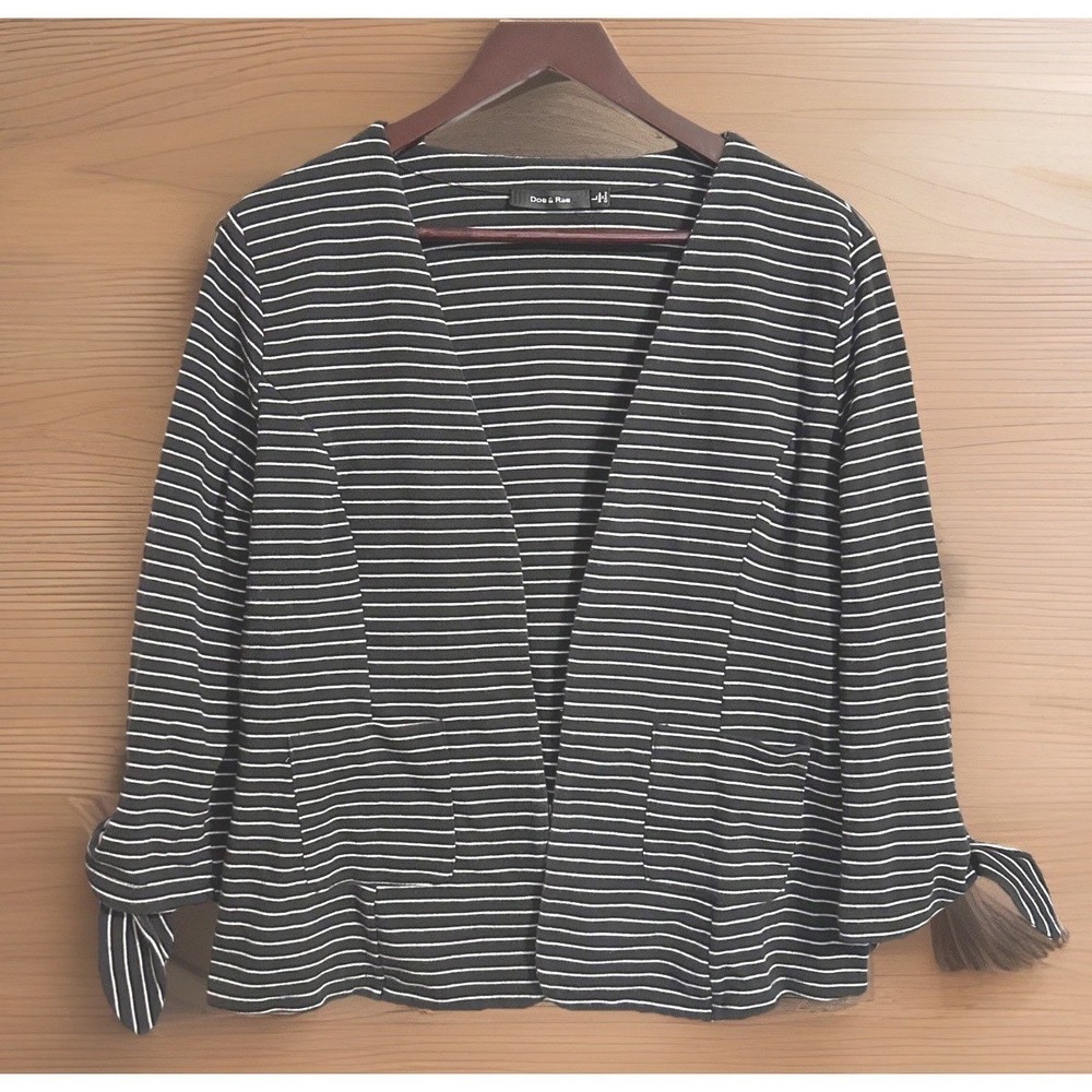 Wms Striped Blazer Large Black White Tie Sleeve Hook Eye Career Chic Nautical